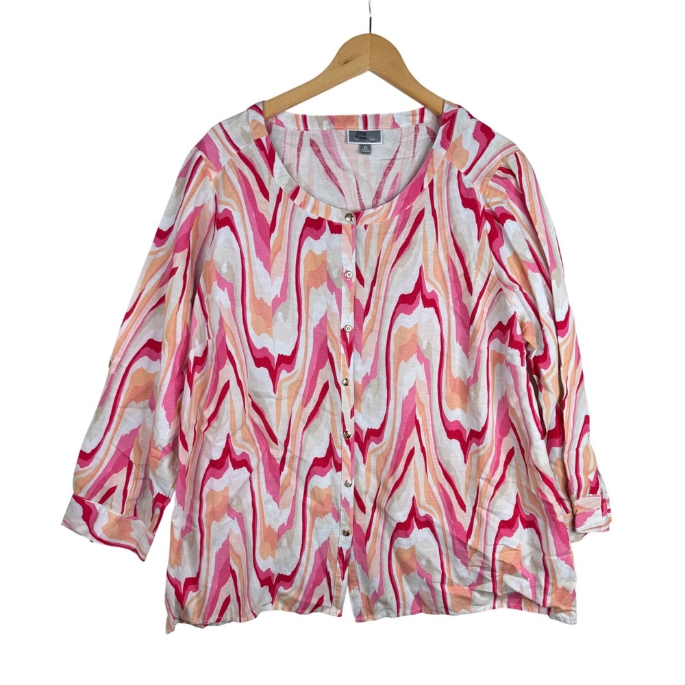 JM Collection Printed Linen Blend Long Sleeve‎ Shirt size 2X White/Pink/Orange